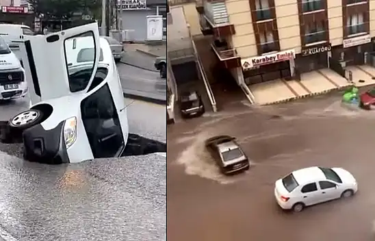 Ankara'da şiddetli yağış hayatı felç etti: Yol çöktü, araçlar suda sürüklendi