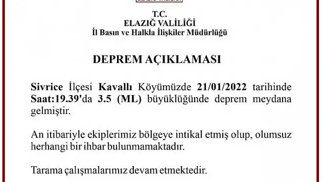 Elazığ Valiliğinden deprem açıklaması