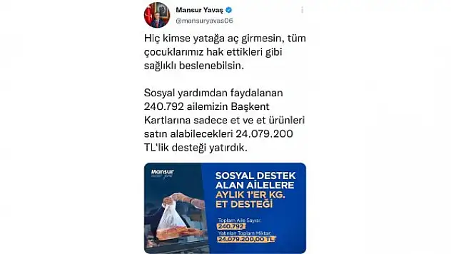 Ankara Büyükşehir'den çocuklar için aylık 1 kilo et desteği