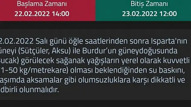 Burdur'da kuvvetli yağış uyarısı