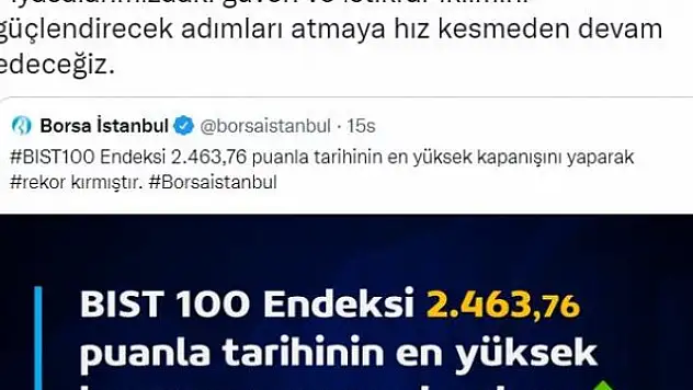 Bakan Nebati: BIST 100 Endeksi, tarihinin en yüksek kapanışını gerçekleştirdi