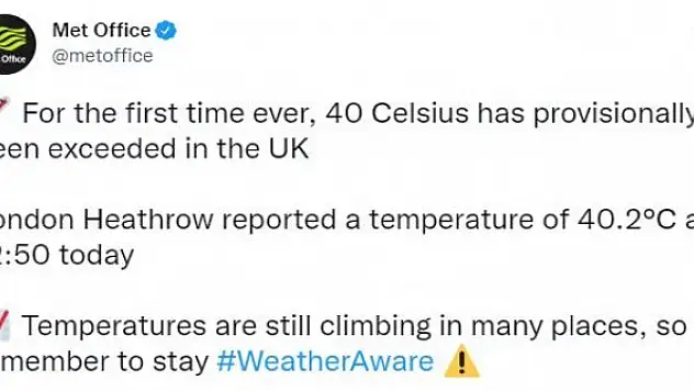 İngiltere'de hava sıcaklığı ilk kez 40 dereceyi geçti