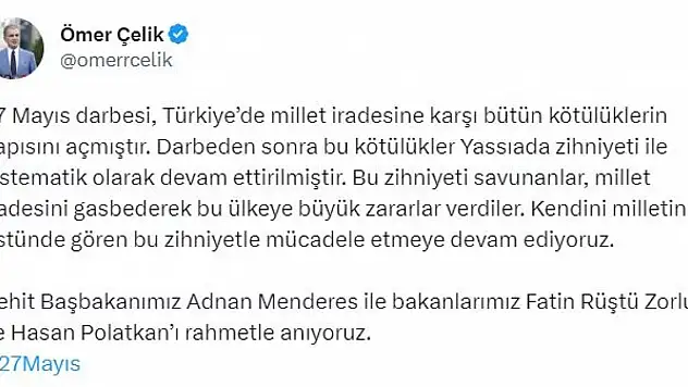 AK Parti'li Çelik'ten '27 Mayıs' mesajı