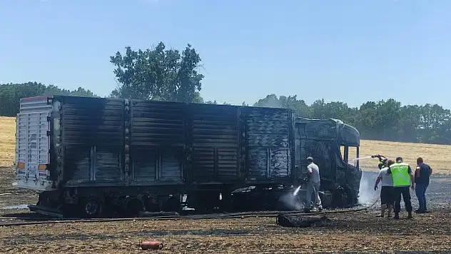 Buğday yüklü TIR alev aldı