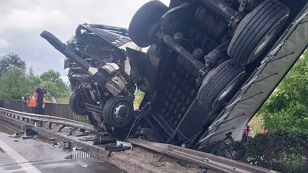 Köprüde asılı kalan TIR'ın şoförü yaralandı, 6 büyükbaş telef oldu
