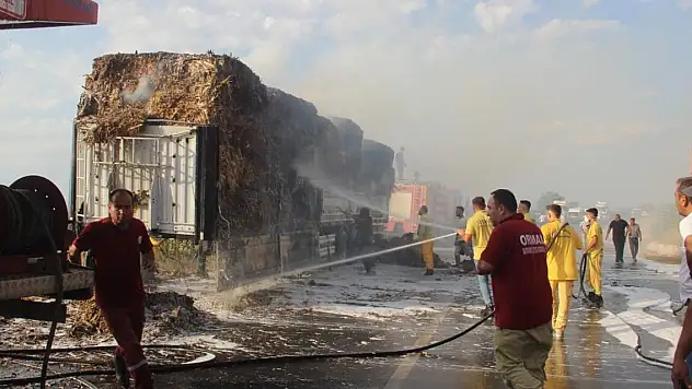 Çanakkale'de saman yüklü TIR'ın dorsesi alev aldı