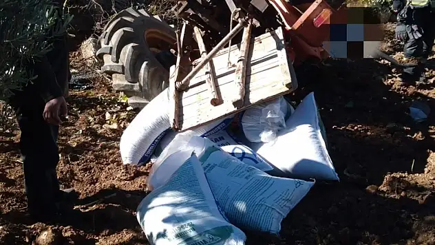 Gübre taşıyan traktör devrildi, sürücü altında kaldı