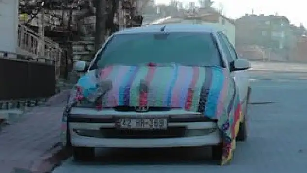 Beyşehir'de sürücülerden soğuklara kilimli önlem