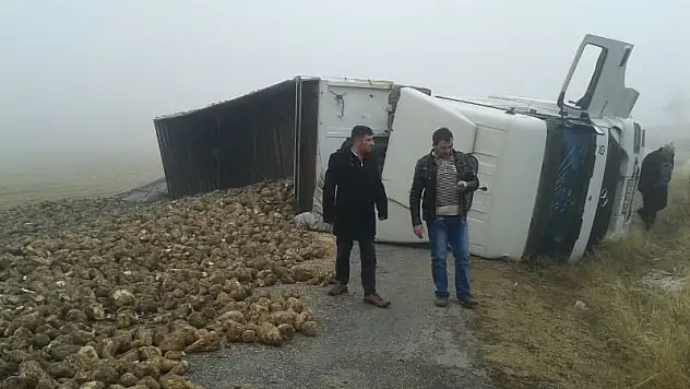 Beyşehir'de pancar yüklü tır devrildi