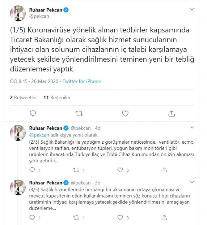 Bakan Pekcan: Solunum cihazı ihracatı ön izne bağlandı