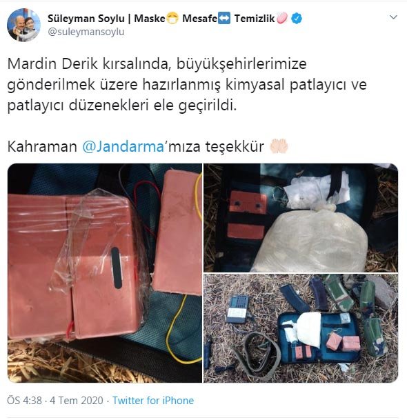 Bakan Soylu: Mardin'de kimyasal patlayıcı ele geçirildi