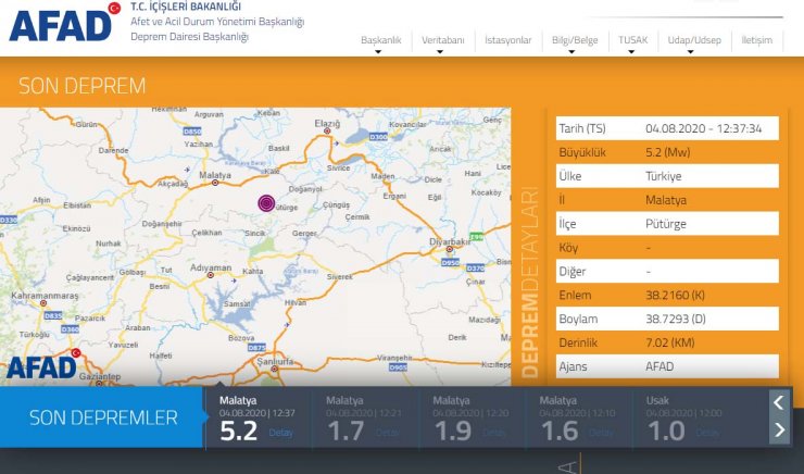 AFAD: Malatya'da 5.2 büyüklüğünde deprem meydana geldi