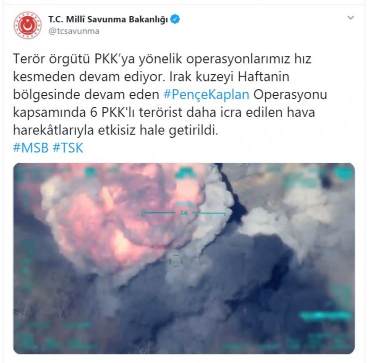 MSB: Irak'ın kuzeyinde 6 terörist etkisiz hale getirildi