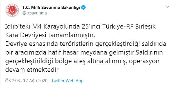 İdlib'de 25’inci Türkiye- Rusya Birleşik Kara Devriyesi'ne saldırı