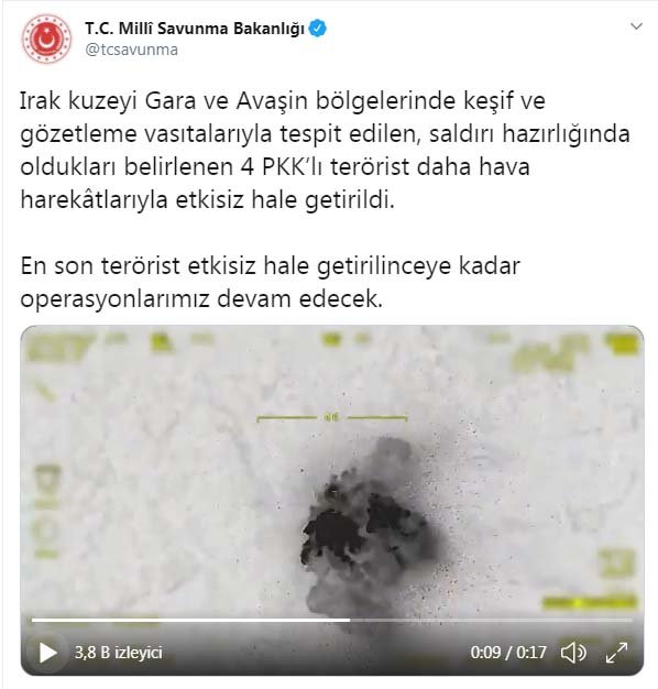 MSB: Irak'ın kuzeyinde 4 PKK'lı terörist etkisiz hale getirildi