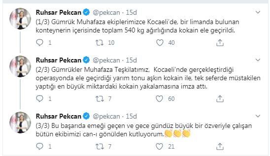 Bakan Pekcan: Kocaeli'nde 540 kilo kokain ele geçirildi