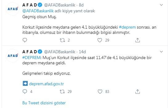 AFAD: Muş'ta 4.1 büyüklüğünde deprem meydana geldi