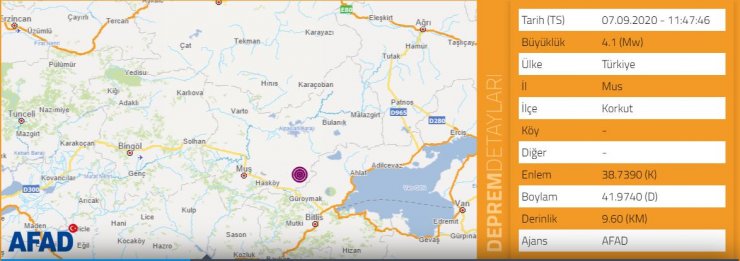 AFAD: Muş'ta 4.1 büyüklüğünde deprem meydana geldi
