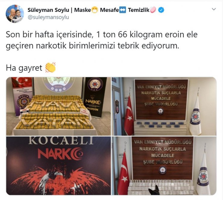 Bakan Soylu: Son 1 haftada, 1 ton 66 kilogram eroin ele geçirildi