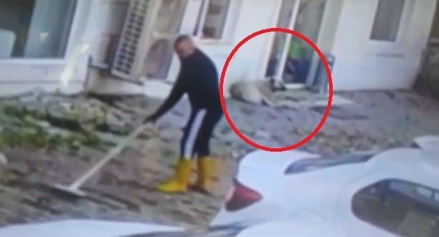 Kaldırımı temizlerken köpeğin saldırısına uğradı