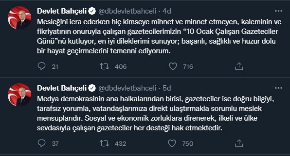Bahçeli'den '10 Ocak Çalışan Gazeteciler Günü' mesajı