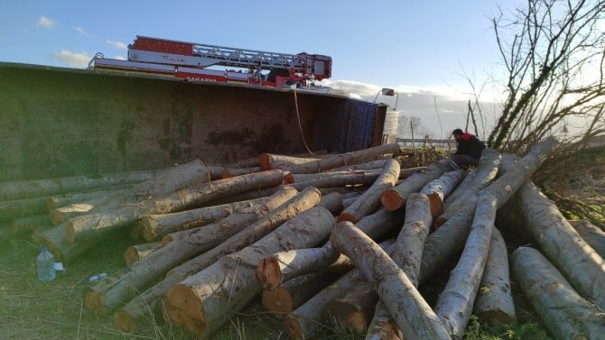 Tomruk yüklü kamyon devrildi, sürücünün burnu bile kanamadı