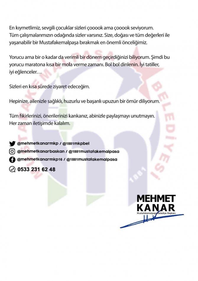 Başkan Kanar’dan öğrencilere karne hediyesi