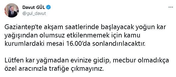 Gaziantep’te kamu mesaisi 16.00’da bitecek