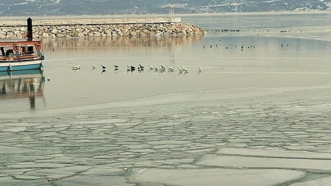 Buz tutan Eğirdir Gölü üzerinde bisiklet sürüp tavla keyfi yaptılar