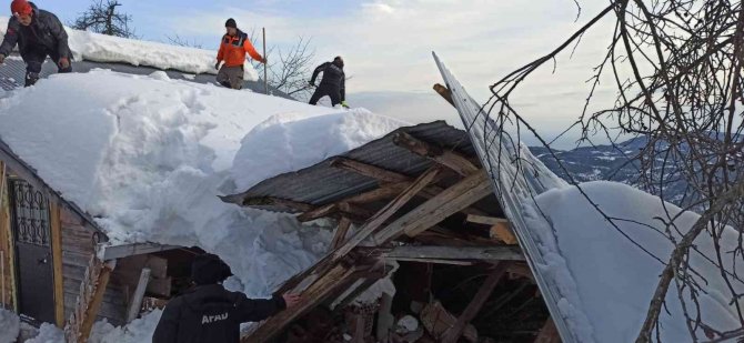 Karın ağırlığına dayanamayan ahırın çatısı çöktü, ekipler hayvanlar için seferber oldu