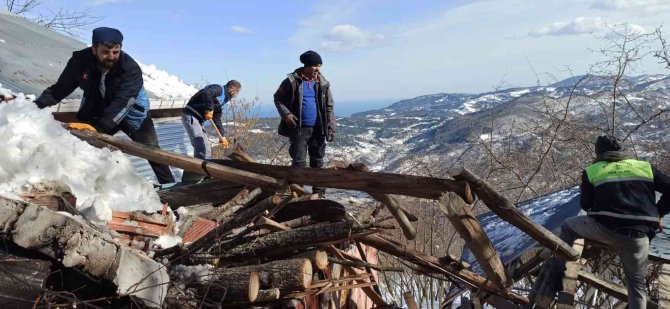 Karın ağırlığına dayanamayan ahırın çatısı çöktü, ekipler hayvanlar için seferber oldu