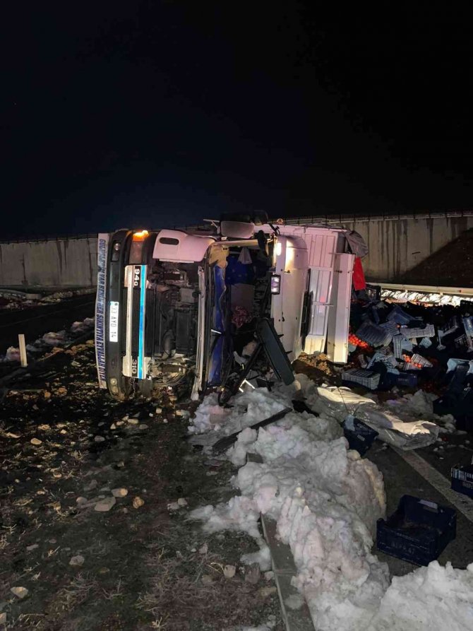 Devrilen tırın dorsesindeki tonlarca domates yola savruldu