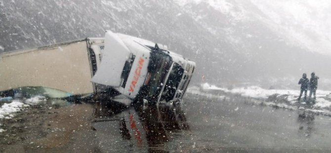 Yoldan çıkan tır devrildi