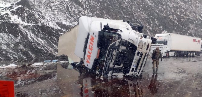 Yoldan çıkan tır devrildi