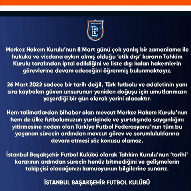 Başakşehir’den MHK ve TFF’ye istifa çağrısı!