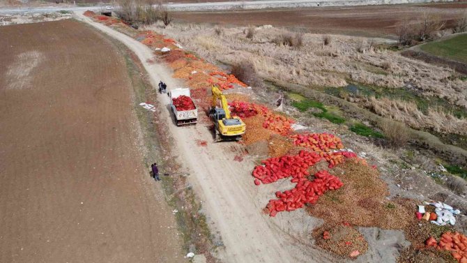 Yol kenarına dökülen tonlarca soğan havadan görüntülendi