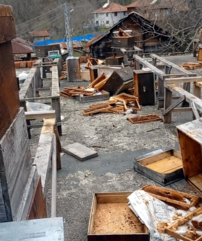 Ayılar, evin terasındaki arı kovanlarını parçaladı