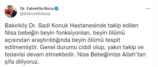 Bakan Koca'dan Nisa bebeğin sağlık durmuna ilişkin yeni açıklama