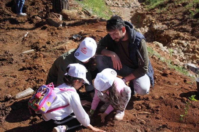 Polisler aileleri ile yanan alanlara fidan diktiler