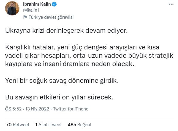 Cumhurbaşkanlığı Sözcüsü Kalın: Ukrayna krizi derinleşerek devam ediyor