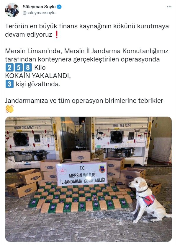 Bakan Soylu: Mersin Limanı'nda 258 kilo kokain ele geçirildi