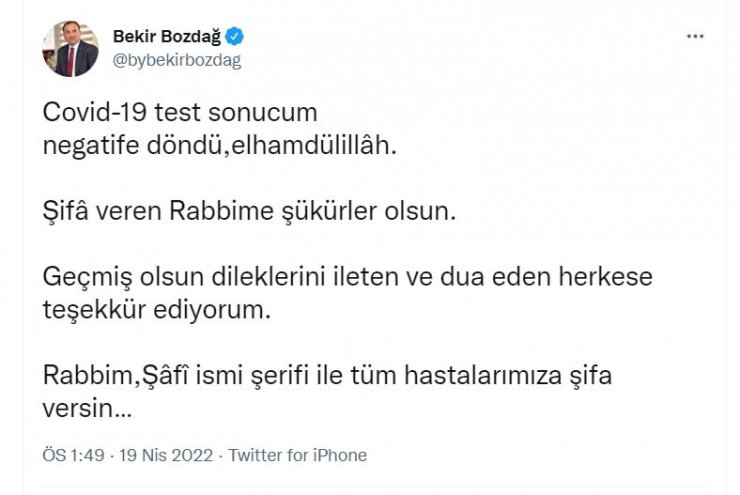 Bakan Bozdağ: Covid-19 test sonucum negatife döndü