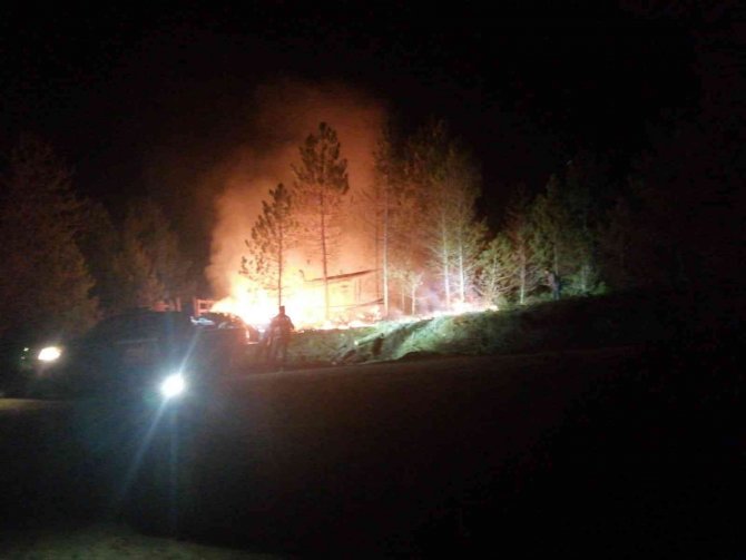 Orman işçilerinin kaldığı sayvan alevlere teslim oldu