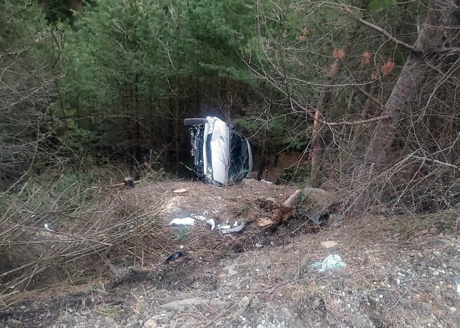 Otomobil ormanlık alanda şarampole yuvarlandı