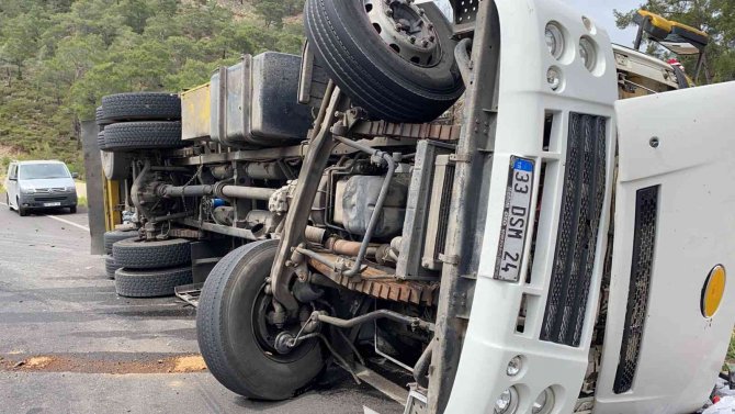 Sebze yüklü kamyon yan yattı