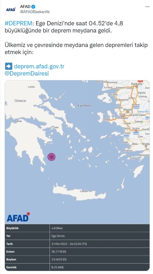 Ege Denizi'nde 4.8 büyüklüğünde deprem