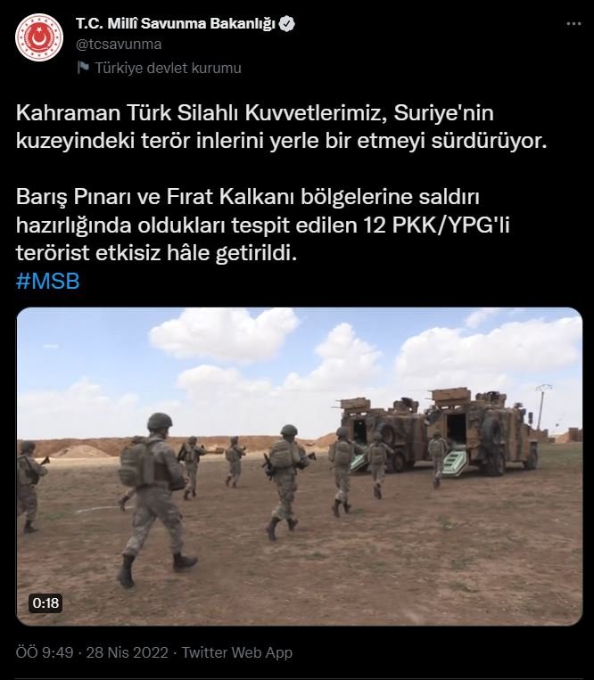 MSB: 12 PKK/YPG'li terörist etkisiz hale getirildi