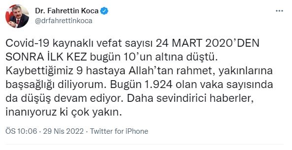 Covid-19'da vefat sayısı ilk kez 10'un altına düştü