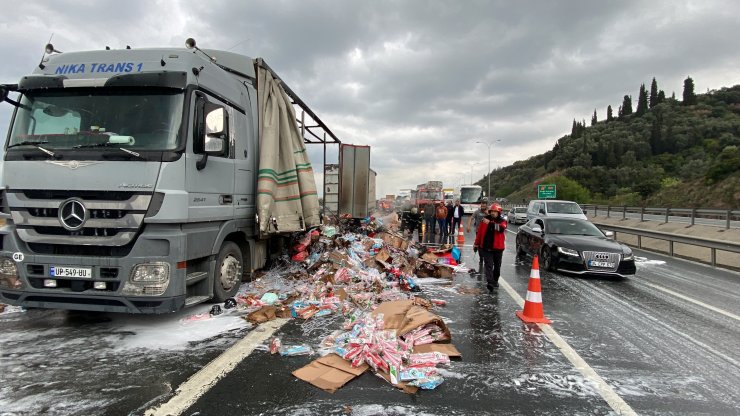 TIR alev alev yandı, TEM'de uzun araç kuyrukları oluştu