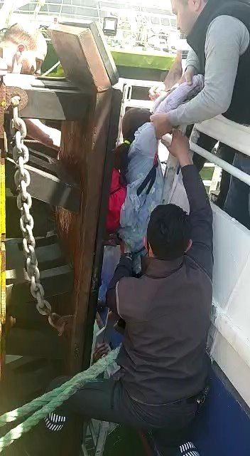 Feribottan inip iskelede dolaşırken denize düşen çocuğu görevli personel kurtardı